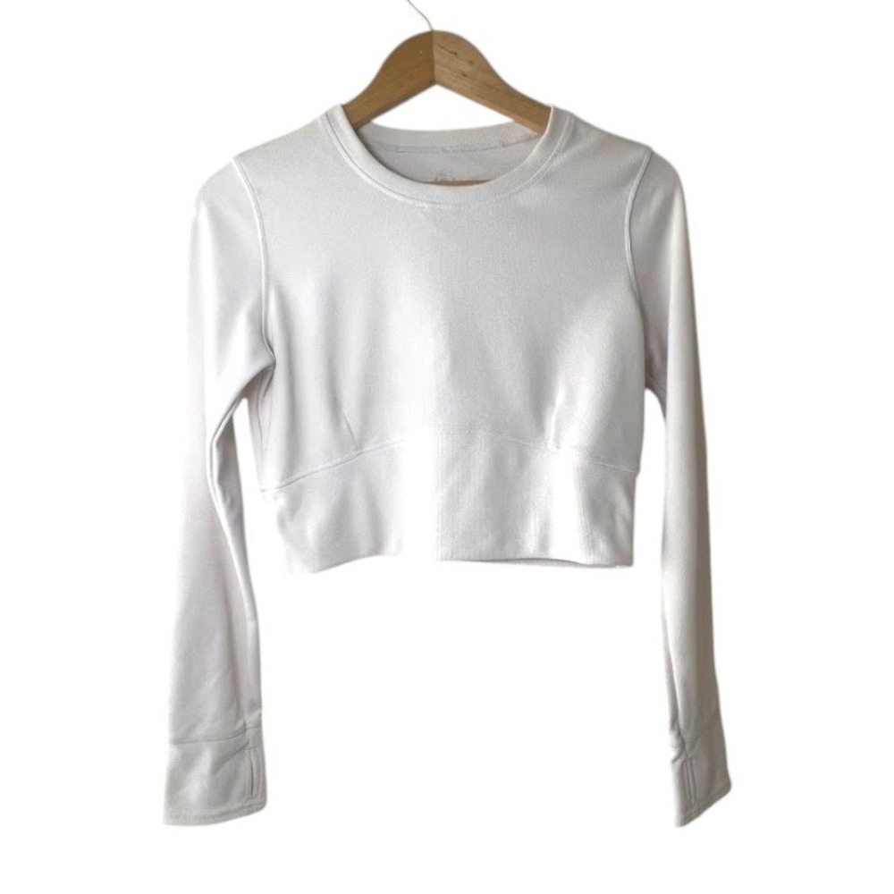 Move Theology Womens‎ White Ribbed Cropped Long Sleeve Athletic Top Thumbholes L